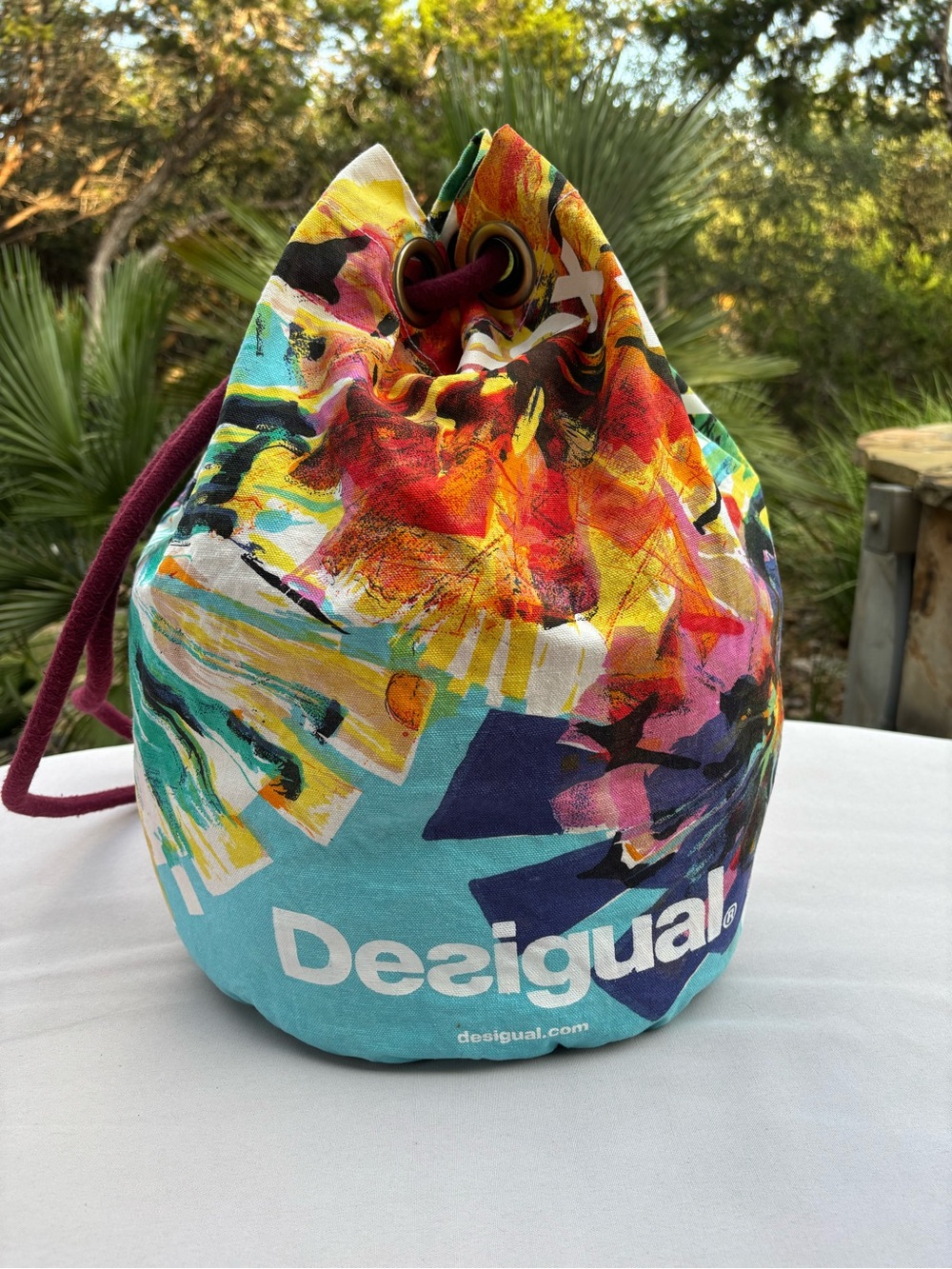 Desigual Multicolor Canvas Drawstring Backpack with Maroon Rope - Picture 2 of 9